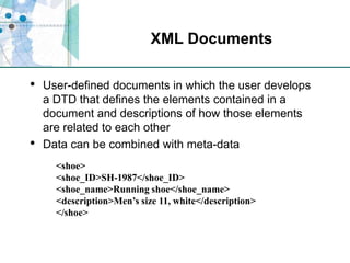 XML DocumentsUser-defined documents in which the user develops a DTD that defines the elements contained in a document and descriptions of how those elements are related to each otherData can be combined with meta-data<shoe><shoe_ID>SH-1987</shoe_ID><shoe_name>Running shoe</shoe_name><description>Men’s size 11, white</description></shoe>