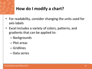 How do I modify a chart?For readability, consider changing the units used for axis labelsExcel includes a variety of colors, patterns, and gradients that can be applied to:BackgroundsPlot areasGridlinesData series15Practical Microsoft Office 2010