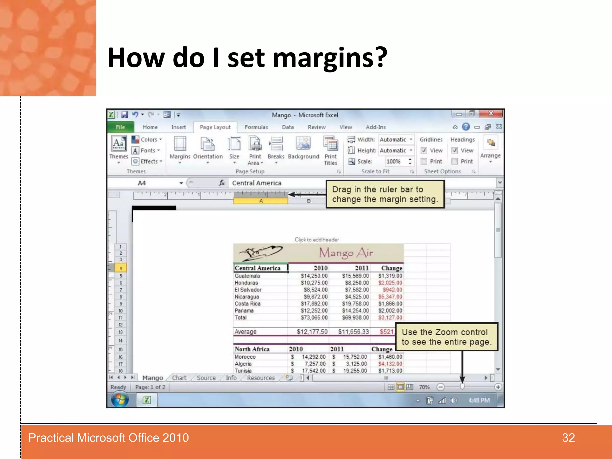 How do I set margins?32Practical Microsoft Office 2010