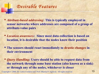 Copyright © 2006, Dr. Carlos Cordeiro and Prof. Dharma P. Agrawal, All rights reserved. 13
Desirable Features
 Attribute-based addressing: This is typically employed in
sensor networks where addresses are composed of a group of
attribute-value pairs
 Location awareness: Since most data collection is based on
location, it is desirable that the nodes know their position
 The sensors should react immediately to drastic changes in
their environment
 Query Handling: Users should be able to request data from
the network through some base station (also known as a sink)
or through any of the nodes, whichever is closer
 