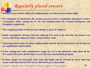 Copyright © 2006, Dr. Carlos Cordeiro and Prof. Dharma P. Agrawal, All rights reserved. 23
 Detailed views of three different configurations, are shown in next three slides
 For simplicity of calculation, the sensing area covered by rectangular placement is taken
rectangular, while sensing are by the two configurations are assumed hexagonal and
triangular respectively
 The required number of SNs in each scheme, is given in Table 8.2
 Radio transmission distance between adjacent SNs need to be such that the sensors can
receive data from adjacent sensors using wireless radio
 Clustering can be done for these configurations and the size of each cluster can be fixed as
per application requirements
 If the sensing and radio transmission ranges are set to the minimum value, then all the
SNs need to be active all the time to cover the area and function properly
 If these ranges are increased, then each sub-region can be covered by more than one
sensor node and selected SNs can be allowed to go to sleep mode
Regularly placed sensors
 