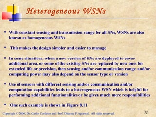 Copyright © 2006, Dr. Carlos Cordeiro and Prof. Dharma P. Agrawal, All rights reserved. 31
Heterogeneous WSNs
 With constant sensing and transmission range for all SNs, WSNs are also
known as homogeneous WSNs
 This makes the design simpler and easier to manage
 In some situations, when a new version of SNs are deployed to cover
additional area, or some of the existing SNs are replaced by new ones for
extended life or precision, then sensing and/or communication range and/or
computing power may also depend on the sensor type or version
 Use of sensors with different sensing and/or communication and/or
computation capabilities leads to a heterogeneous WSN which is helpful for
performing additional functionalities or be given much more responsibilities
 One such example is shown in Figure 8.11
 