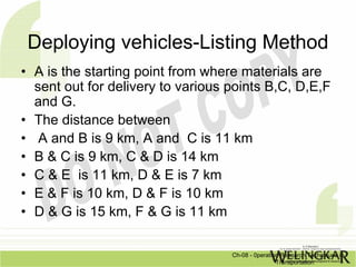Deploying vehicles-Listing Method
• A is the starting point from where materials are
  sent out for delivery to various points B,C, D,E,F
  and G.
• The distance between
• A and B is 9 km, A and C is 11 km
• B & C is 9 km, C & D is 14 km
• C & E is 11 km, D & E is 7 km
• E & F is 10 km, D & F is 10 km
• D & G is 15 km, F & G is 11 km

                                   Ch-08 - 0peration Research Techniques in
                                                   Transportation
 