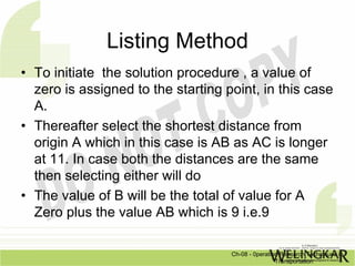 Listing Method
• To initiate the solution procedure , a value of
  zero is assigned to the starting point, in this case
  A.
• Thereafter select the shortest distance from
  origin A which in this case is AB as AC is longer
  at 11. In case both the distances are the same
  then selecting either will do
• The value of B will be the total of value for A
  Zero plus the value AB which is 9 i.e.9

                                    Ch-08 - 0peration Research Techniques in
                                                    Transportation
 
