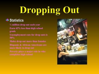 Dropping Out Statistics ½ million drop out each year Earn 42% less than high school grads Unemployment rate for drop outs is 50% Males drop out more than females Hispanic & African Americans are more likely to drop out Poverty plays a major role in who completes high school 