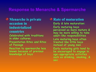 Response to Menarche & Spermarche   Menarche is private occasion in industrialized countries Celebrated with traditions in older cultures Presentation Rites and Rites of Passage Reaction to spermarche less known because of previous knowledge of boys Rate of maturation Early & late maturation: Early maturing boys perceived as more mature & may be more willing to take adult-like responsibilities Late maturing boys often treated like little boys instead of young men Early maturing girls tend to be encouraged to engage in age-appropriate activities such as drinking, smoking, & sex 