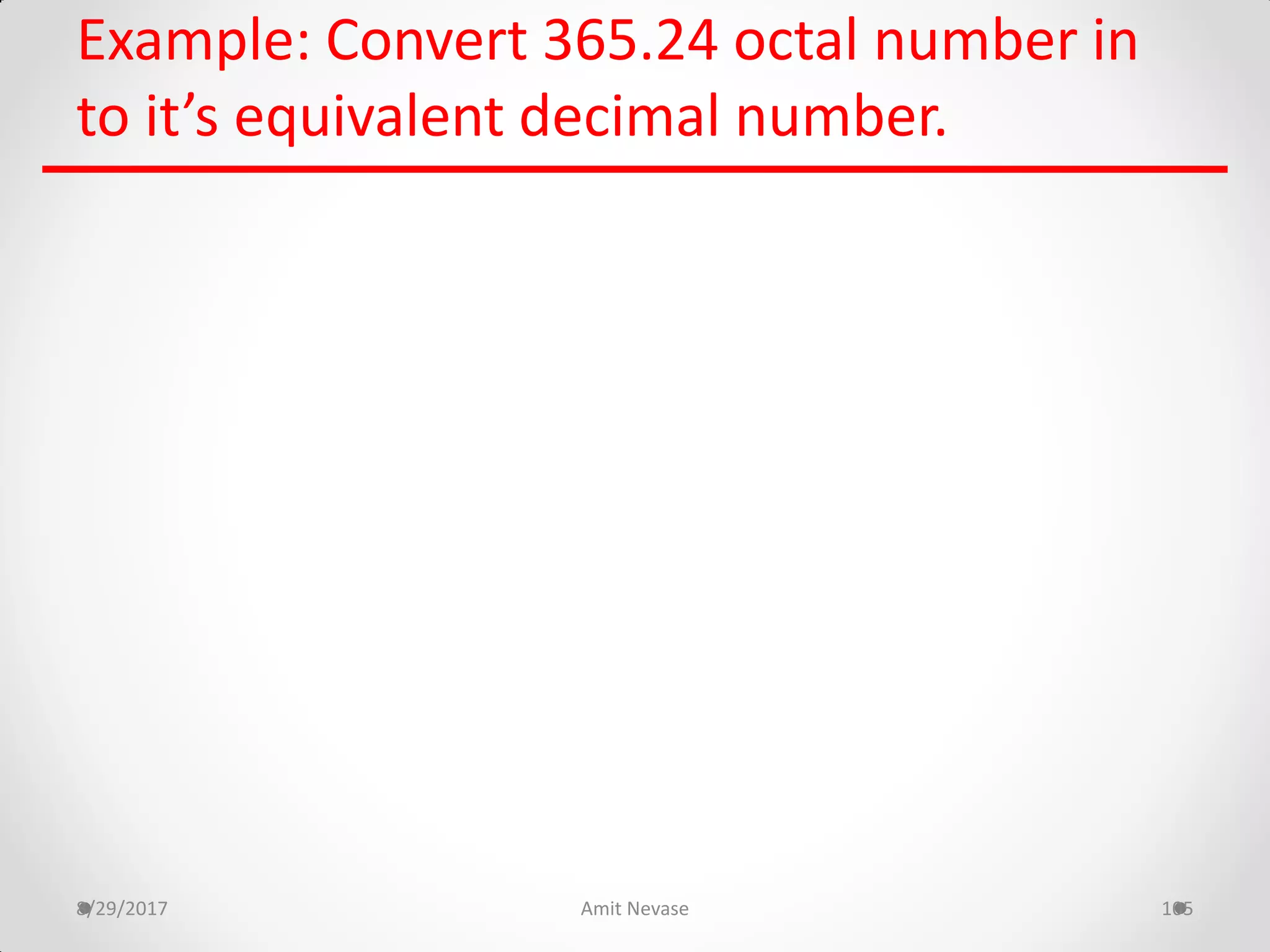 Example: Convert 365.24 octal number in
to it’s equivalent decimal number.
8/29/2017 Amit Nevase 105
 