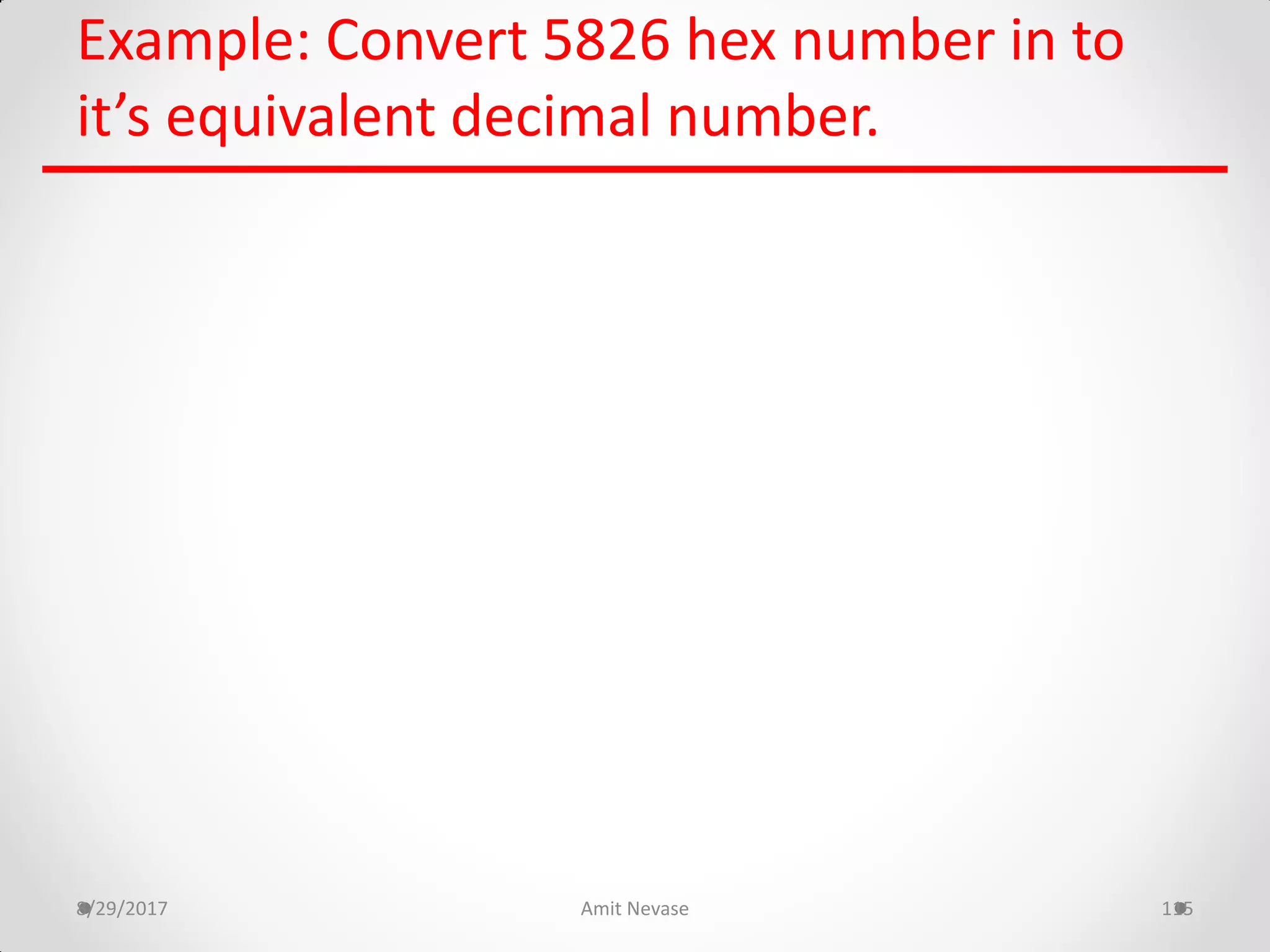 Example: Convert 5826 hex number in to
it’s equivalent decimal number.
8/29/2017 Amit Nevase 115
 