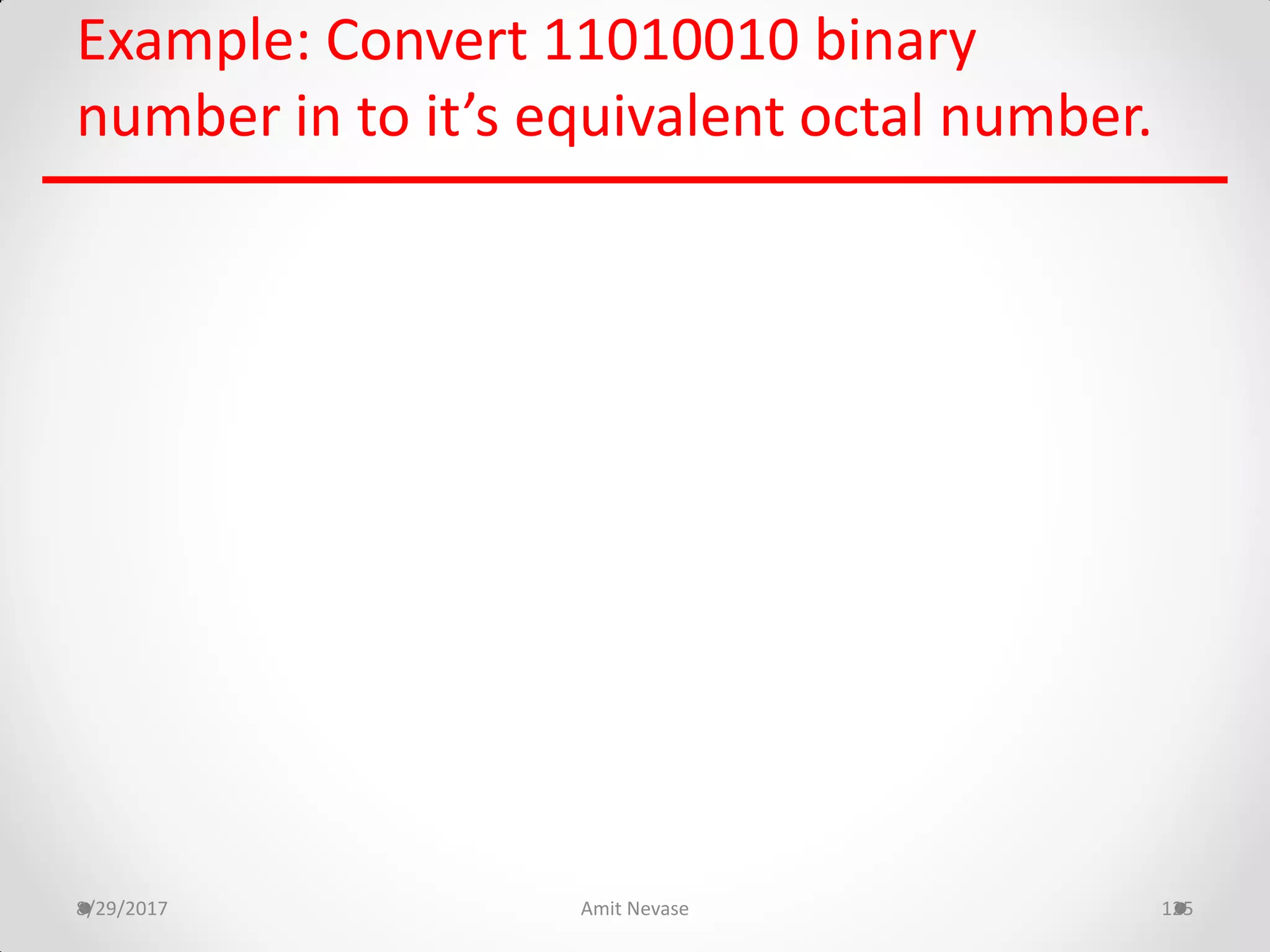 Example: Convert 11010010 binary
number in to it’s equivalent octal number.
8/29/2017 Amit Nevase 125
 