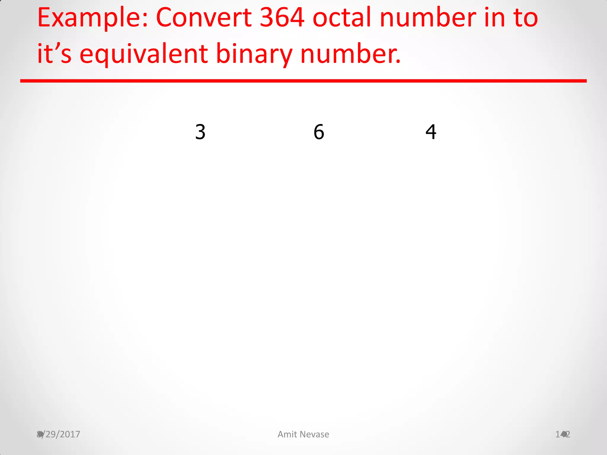 Example: Convert 364 octal number in to
it’s equivalent binary number.
8/29/2017 Amit Nevase 142
3 6 4
 