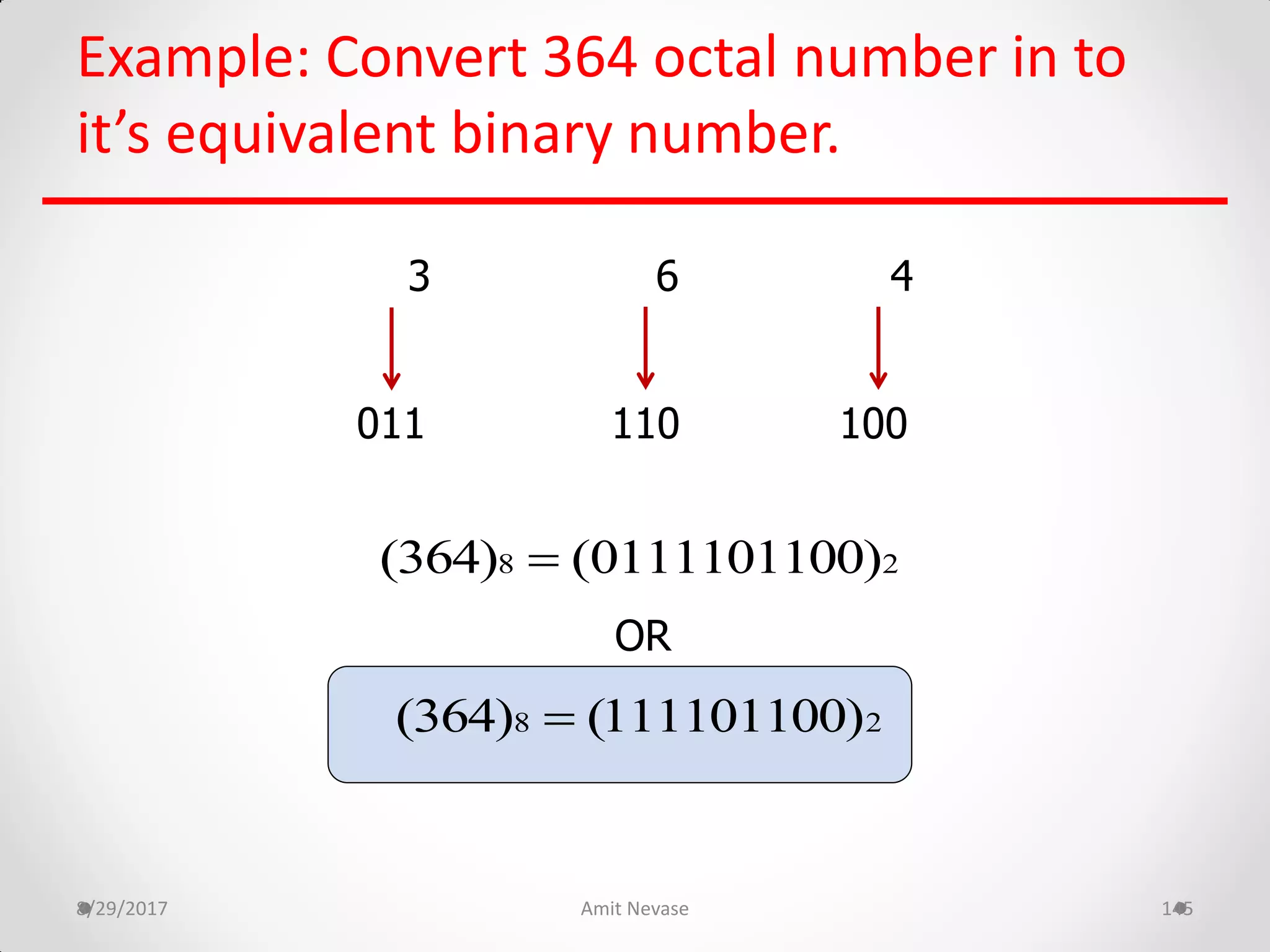 Example: Convert 364 octal number in to
it’s equivalent binary number.
8/29/2017 Amit Nevase 145
3 6 4
011 110 100
OR
8 2(364) (0111101100)
8 2(364) (111101100)
 