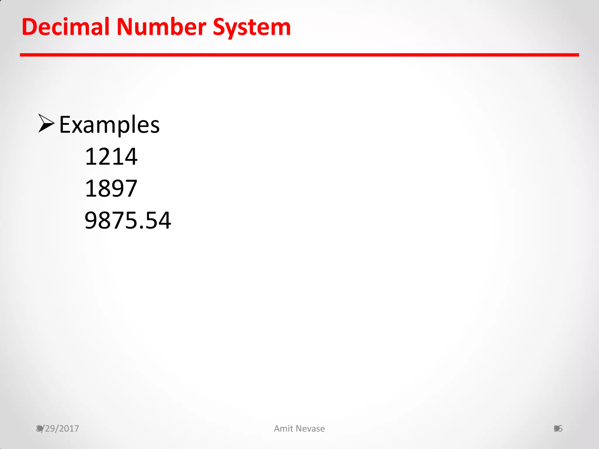 Decimal Number System
Examples
1214
1897
9875.54
8/29/2017 Amit Nevase 15
 