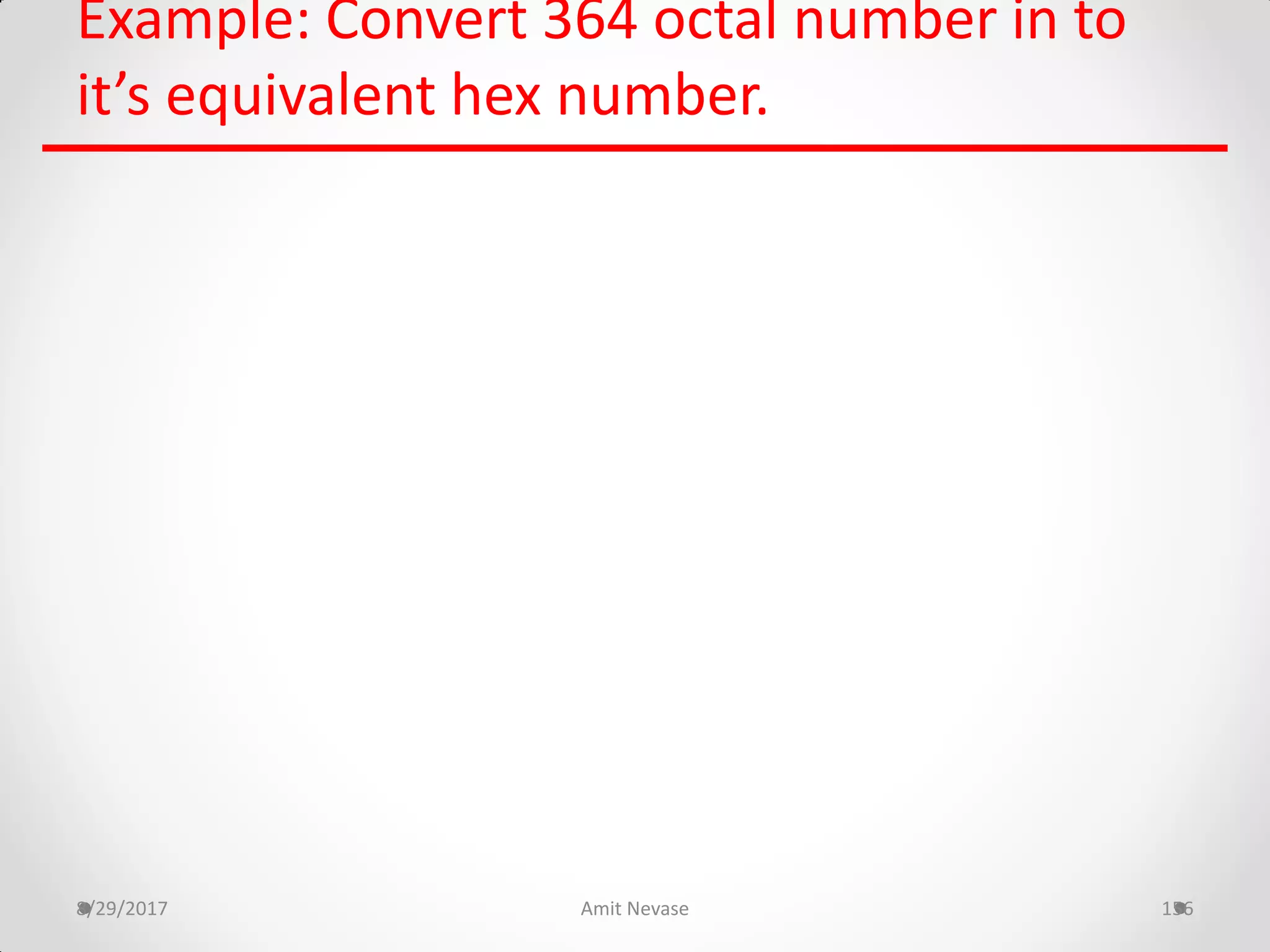 Example: Convert 364 octal number in to
it’s equivalent hex number.
8/29/2017 Amit Nevase 156
 