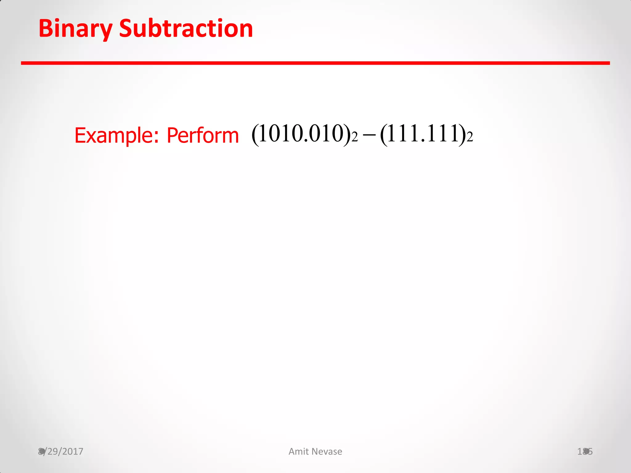 Binary Subtraction
8/29/2017 Amit Nevase 185
Example: Perform 2 2(1010.010) (111.111)
 