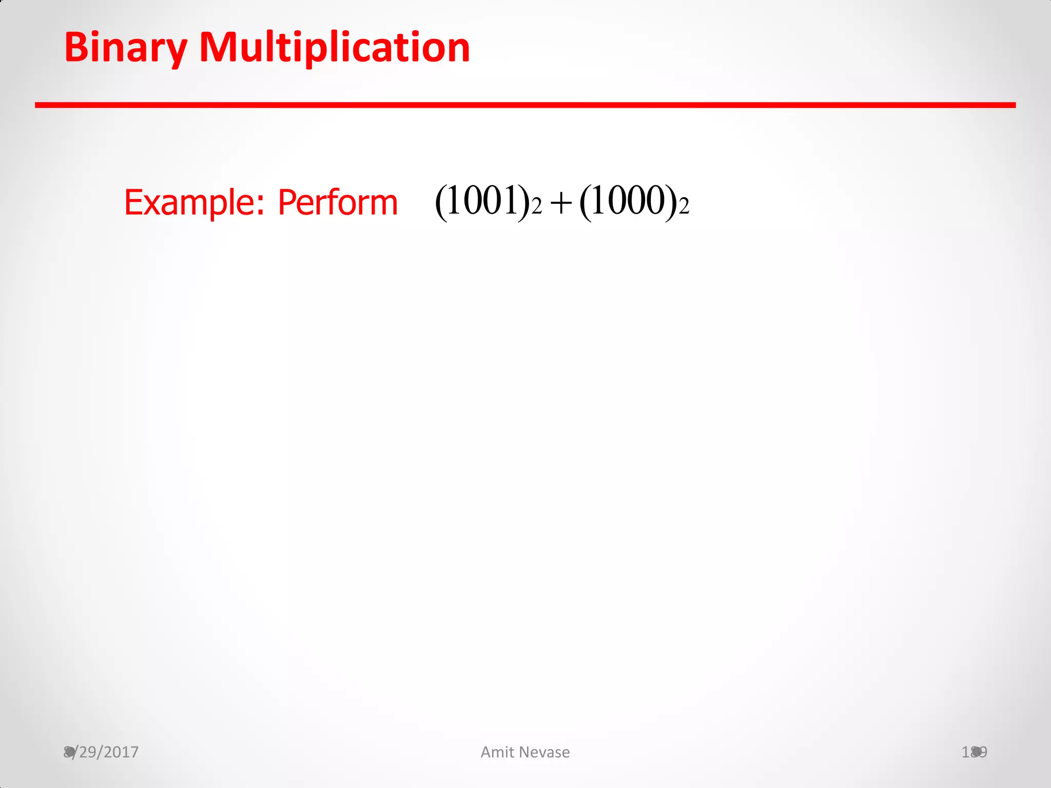 Binary Multiplication
8/29/2017 Amit Nevase 189
Example: Perform 2 2(1001) (1000)
 