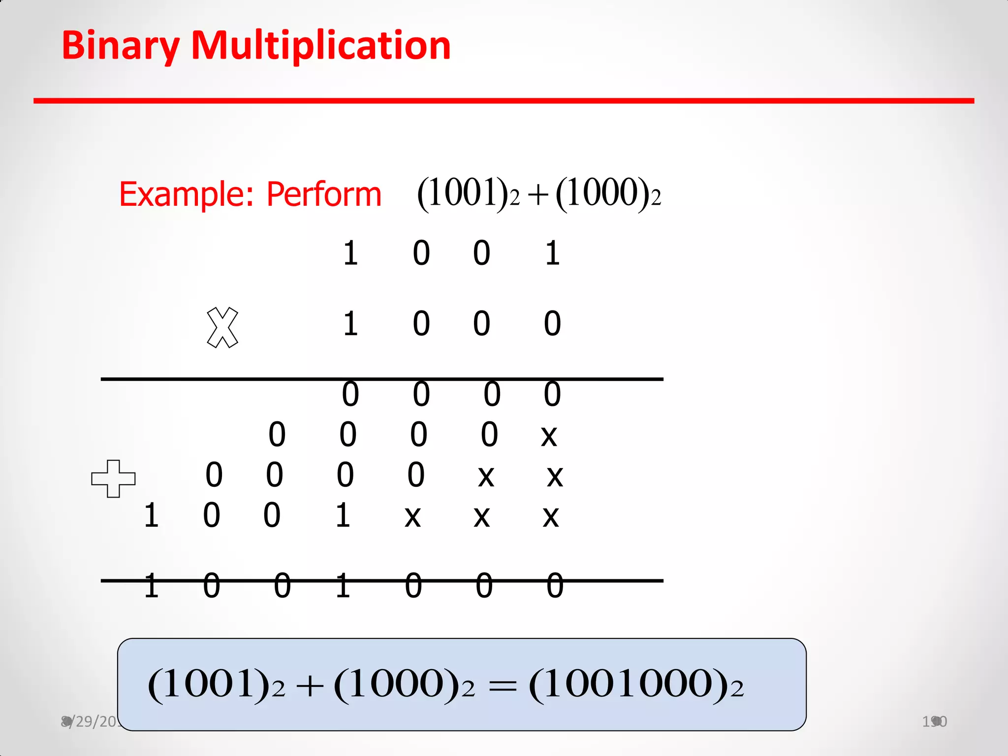 Binary Multiplication
8/29/2017 Amit Nevase 190
Example: Perform
1 0 0 1
1 0 0 0
0 0 0 0
0 0 0 0 x
0 0 0 0 x x
1 0 0 1 x x x
1 0 0 1 0 0 0
2 2(1001) (1000)
2 2 2(1001) (1000) (1001000) 
 