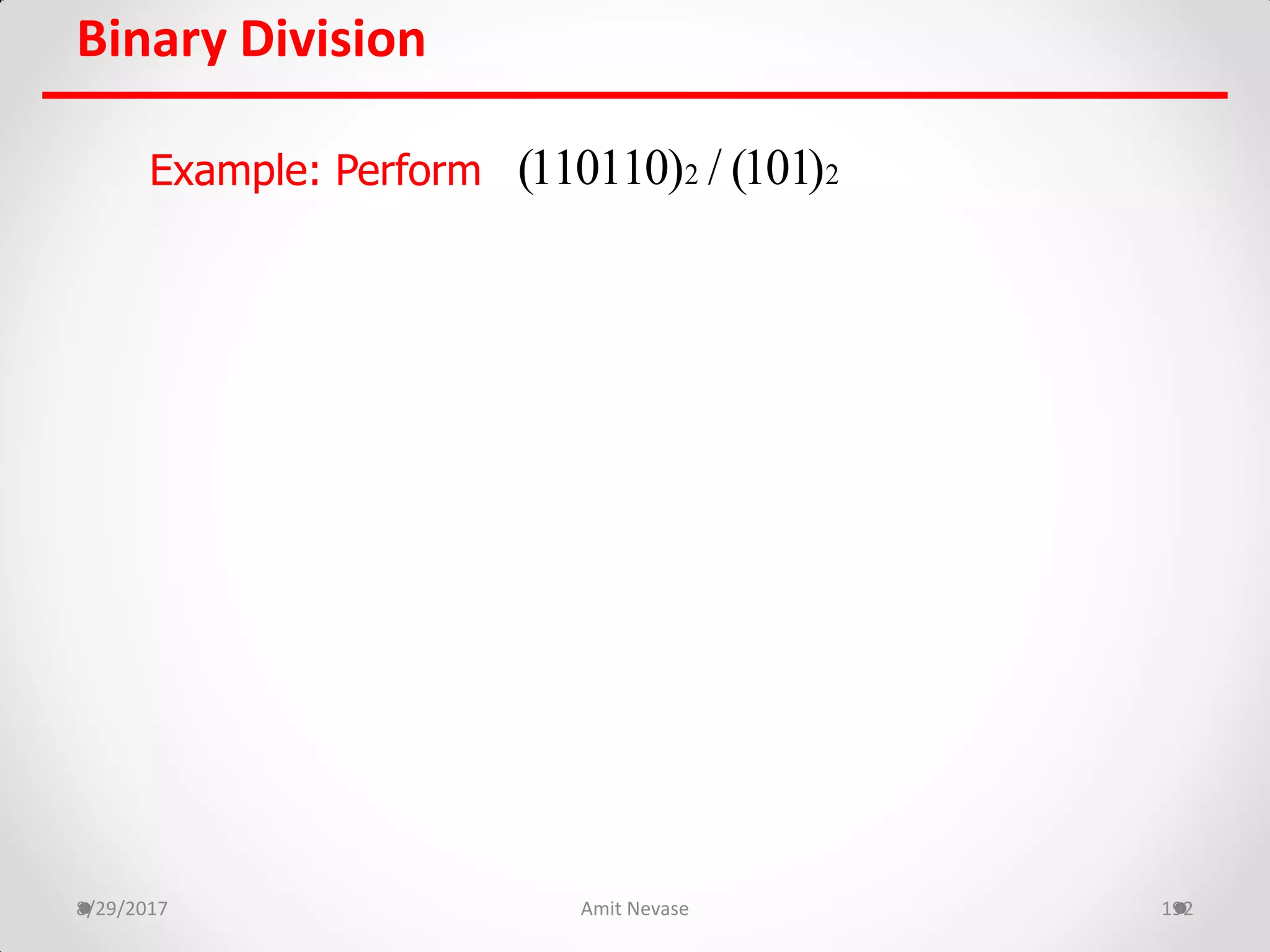 Binary Division
8/29/2017 Amit Nevase 192
Example: Perform 2 2(110110) / (101)
 