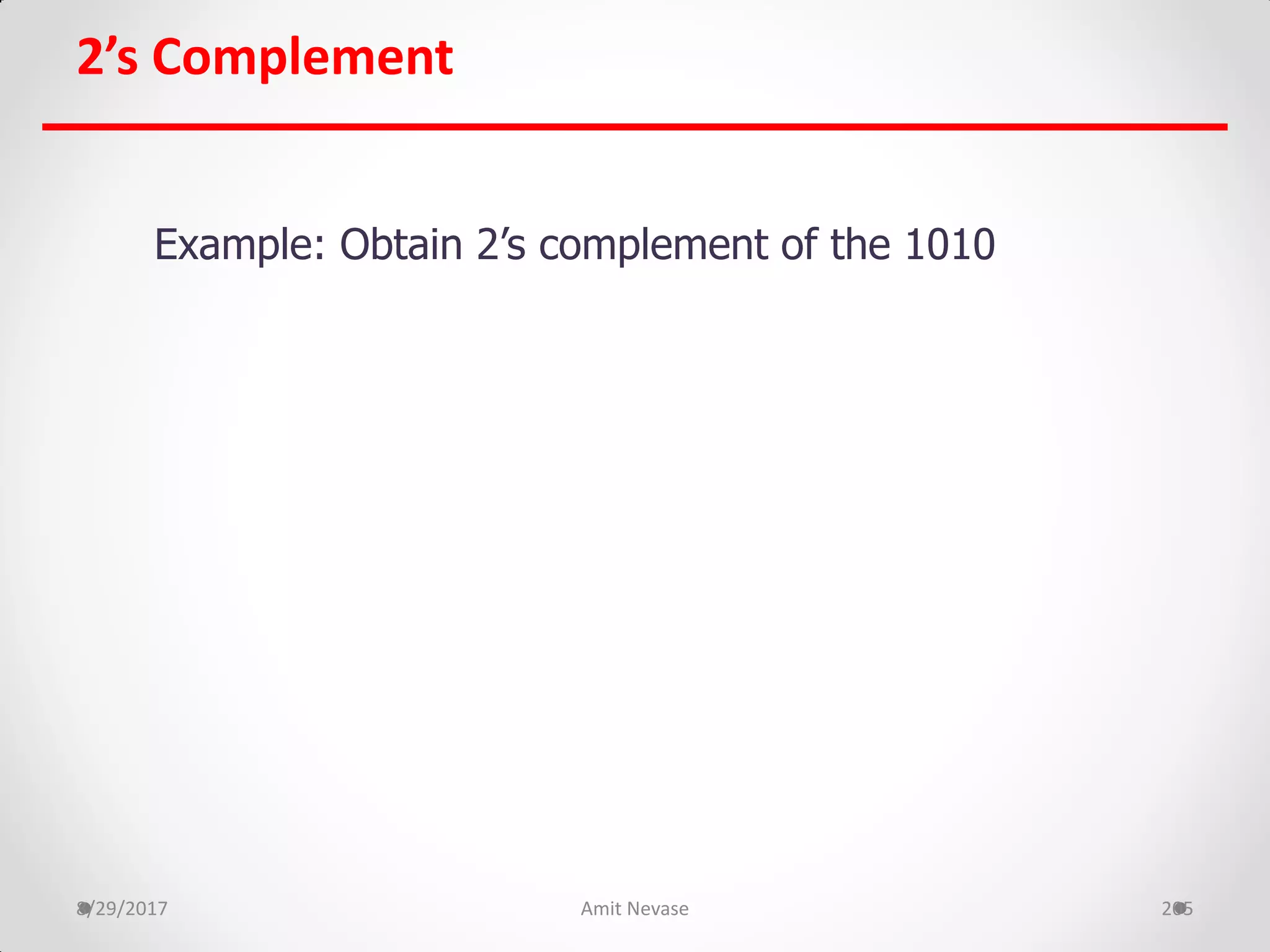 2’s Complement
8/29/2017 Amit Nevase 205
Example: Obtain 2’s complement of the 1010
 