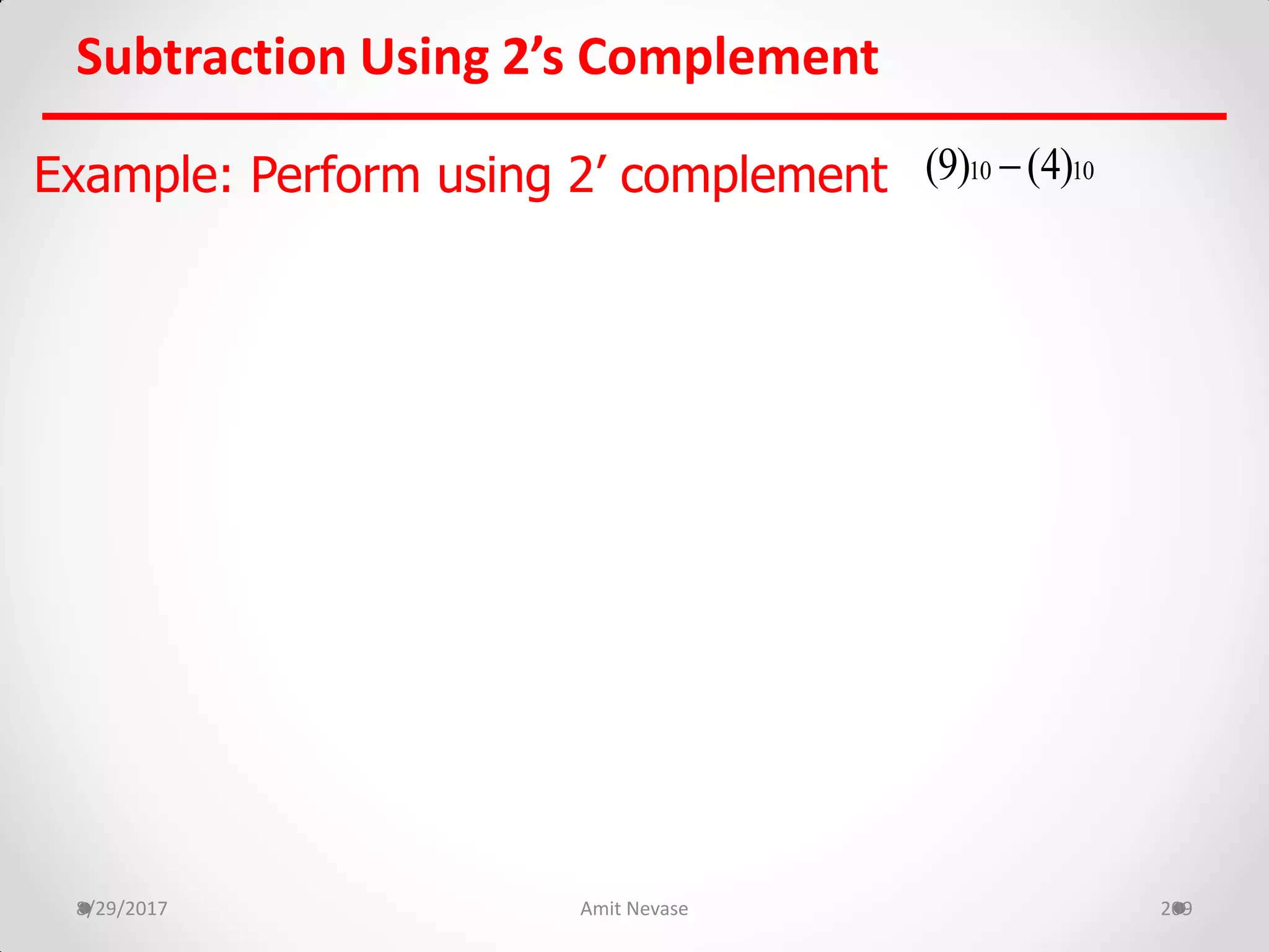 Subtraction Using 2’s Complement
8/29/2017 Amit Nevase 209
Example: Perform using 2’ complement 10 10(9) (4)
 