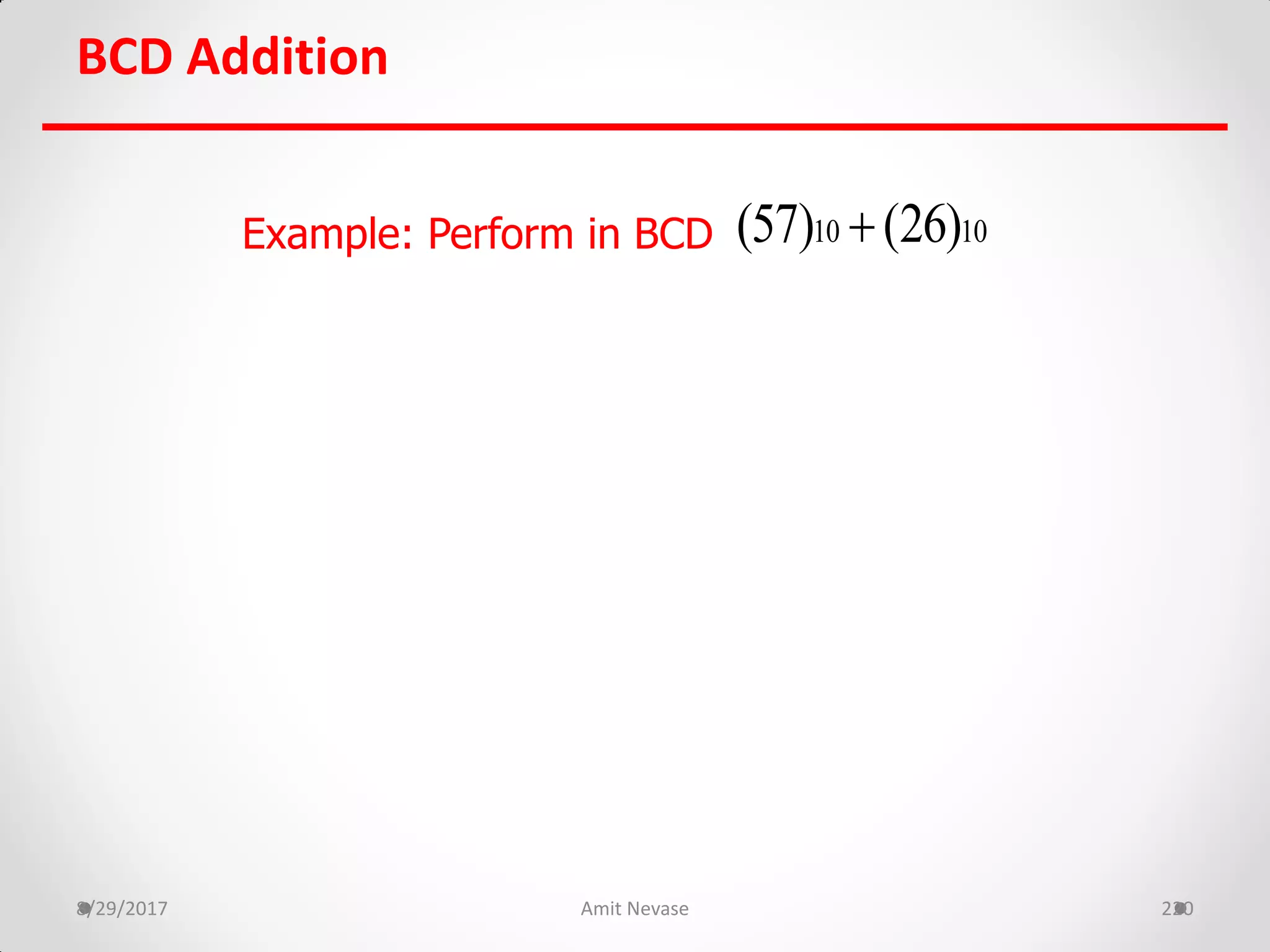 BCD Addition
8/29/2017 Amit Nevase 220
Example: Perform in BCD 10 10(57) (26)
 