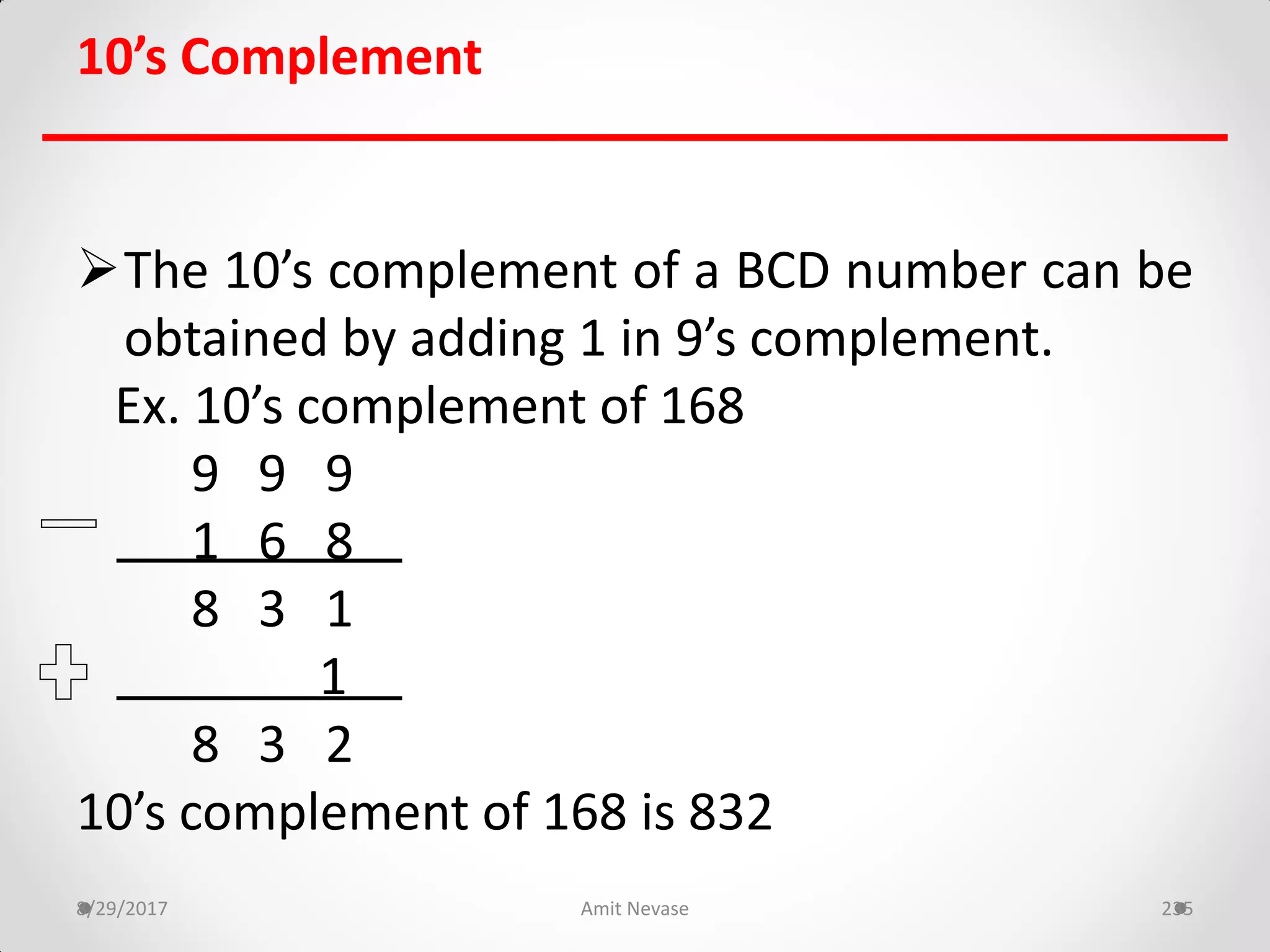 10’s Complement
The 10’s complement of a BCD number can be
obtained by adding 1 in 9’s complement.
Ex. 10’s complement of 168
9 9 9
1 6 8
8 3 1
1
8 3 2
10’s complement of 168 is 832
8/29/2017 Amit Nevase 235
 