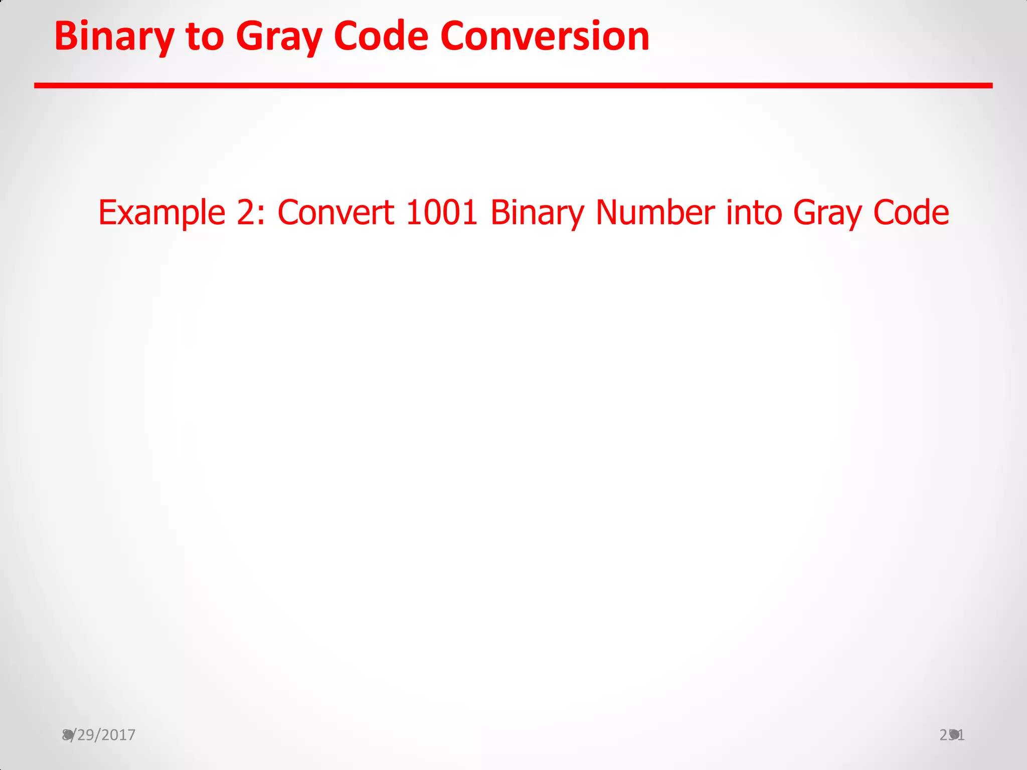 Binary to Gray Code Conversion
8/29/2017 251
Example 2: Convert 1001 Binary Number into Gray Code
 