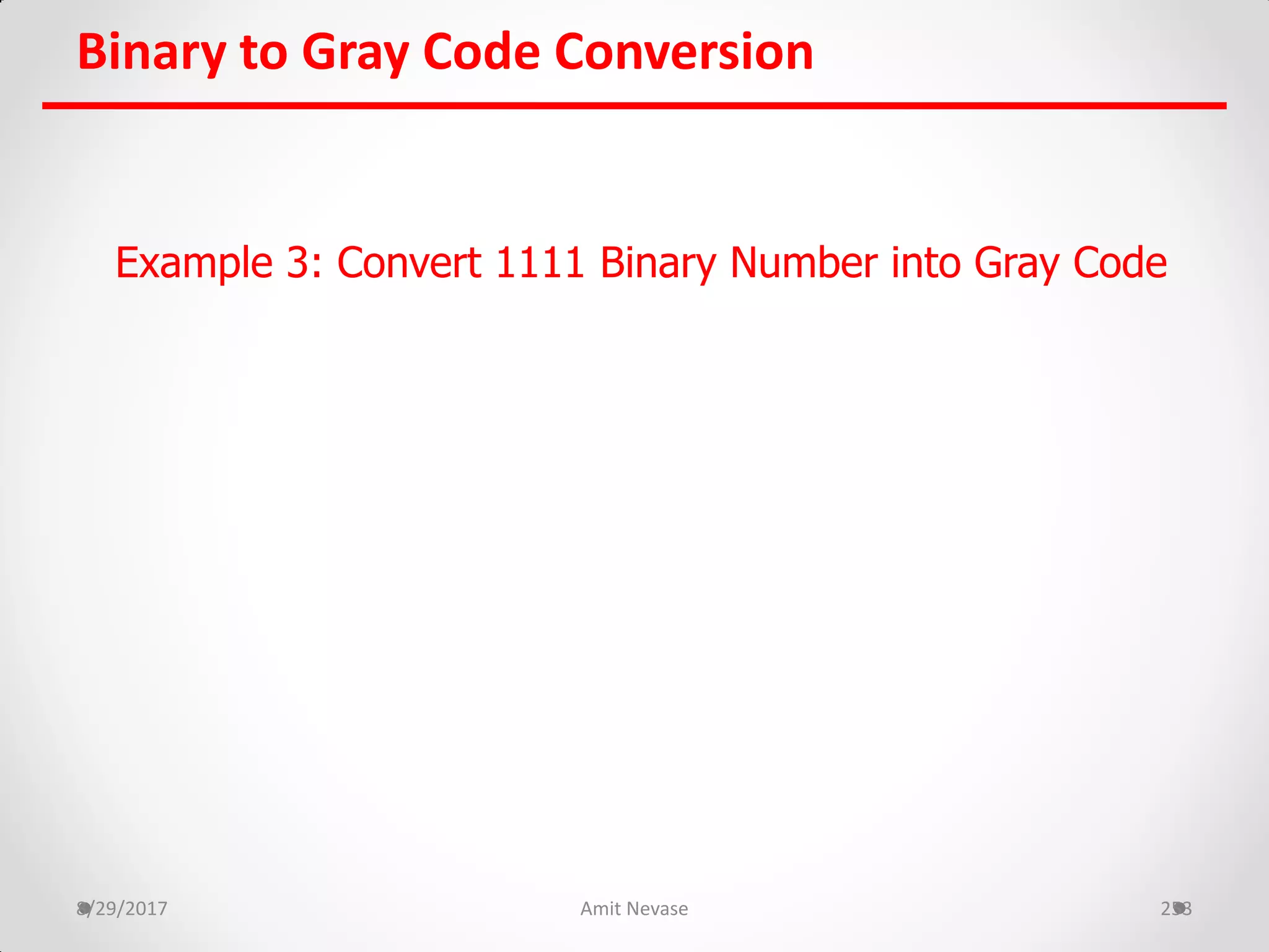 Binary to Gray Code Conversion
8/29/2017 Amit Nevase 253
Example 3: Convert 1111 Binary Number into Gray Code
 