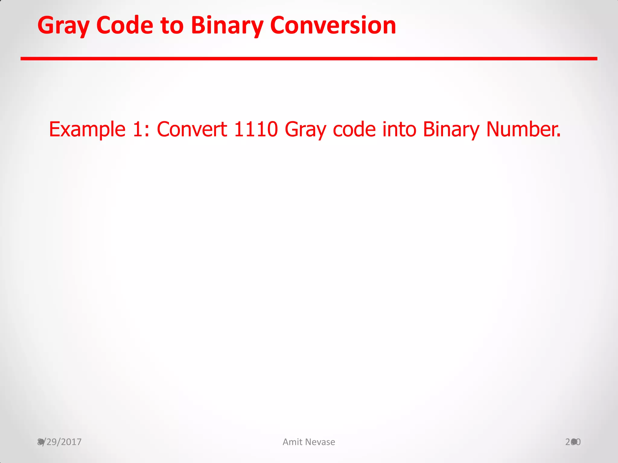 Gray Code to Binary Conversion
8/29/2017 Amit Nevase 260
Example 1: Convert 1110 Gray code into Binary Number.
 