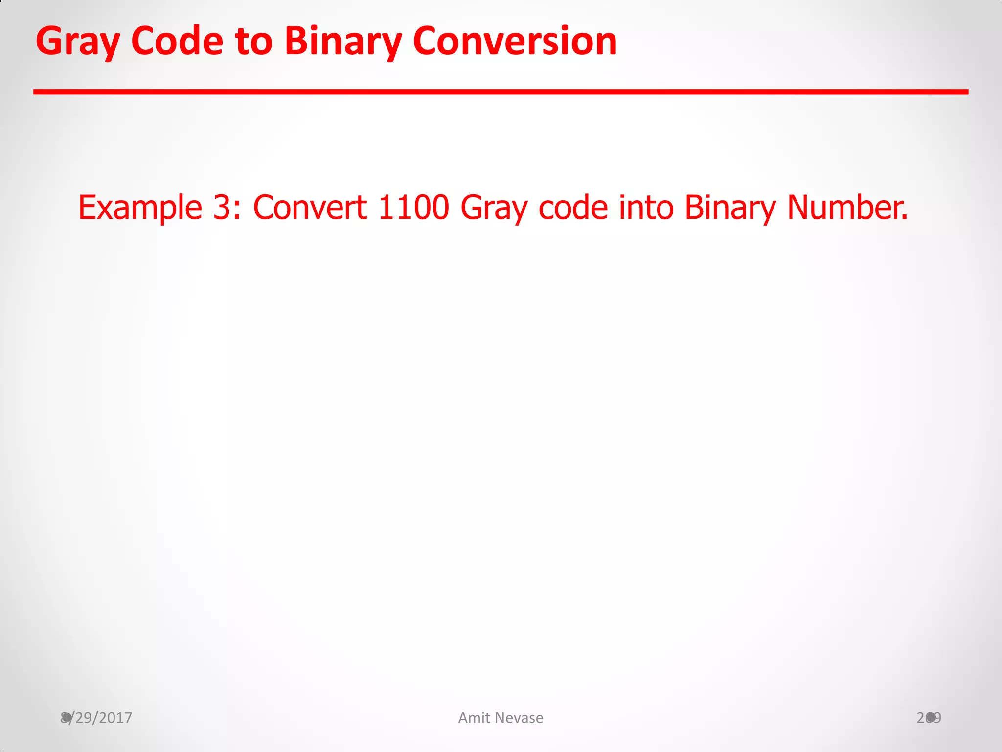8/29/2017 Amit Nevase 269
Gray Code to Binary Conversion
Example 3: Convert 1100 Gray code into Binary Number.
 