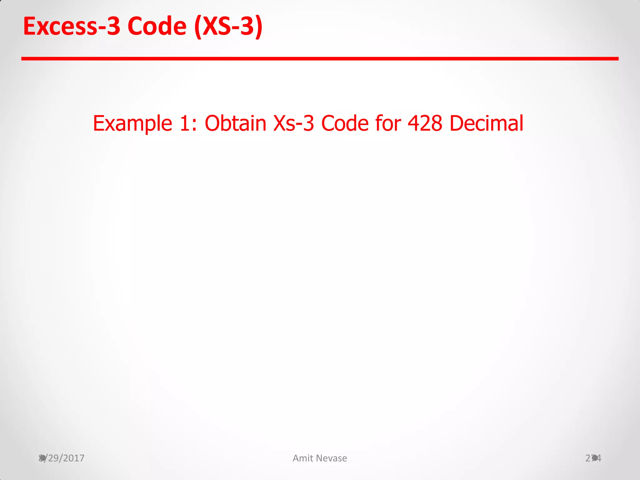 8/29/2017 Amit Nevase 274
Excess-3 Code (XS-3)
Example 1: Obtain Xs-3 Code for 428 Decimal
 