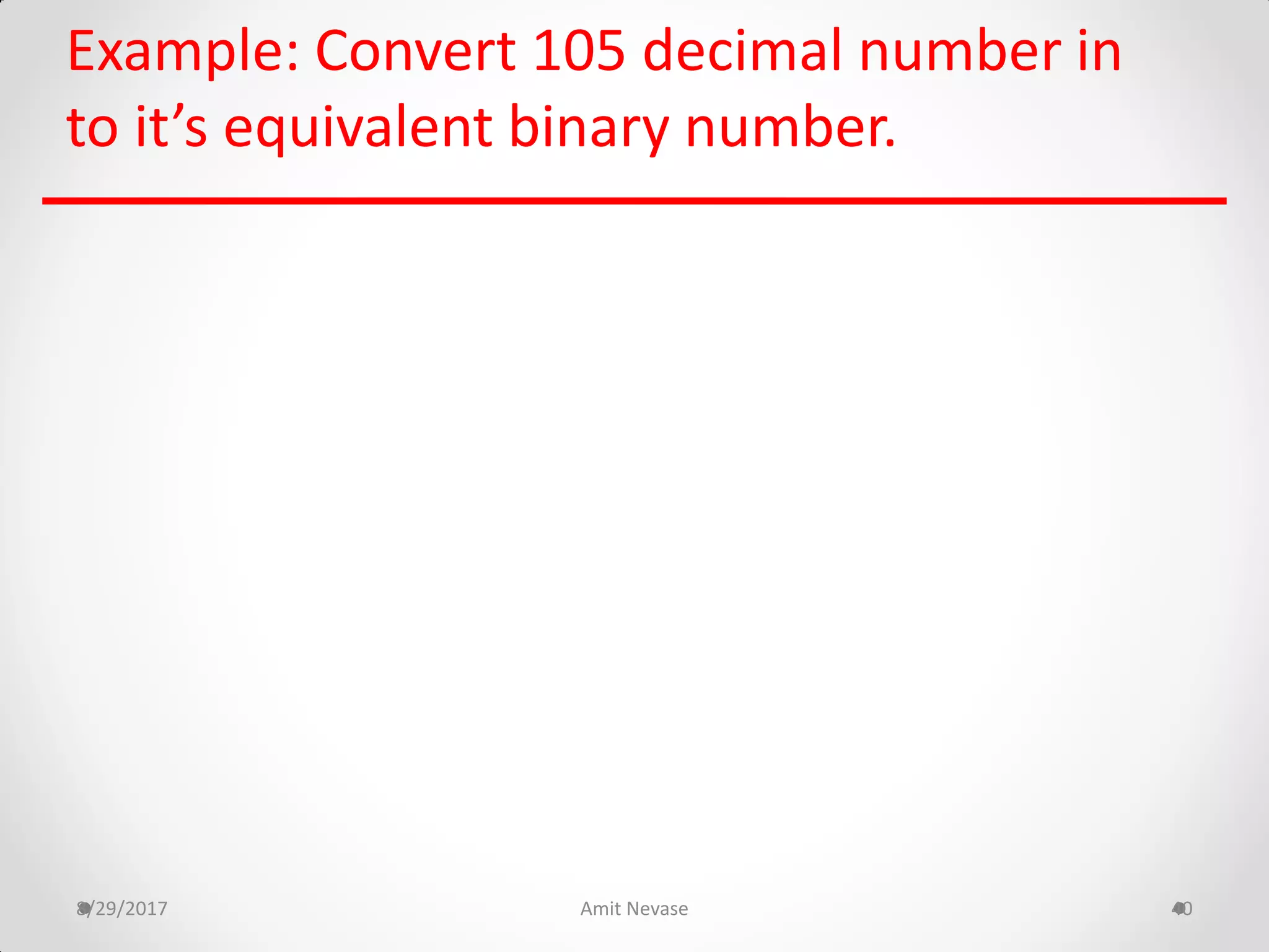 Example: Convert 105 decimal number in
to it’s equivalent binary number.
8/29/2017 Amit Nevase 40
 