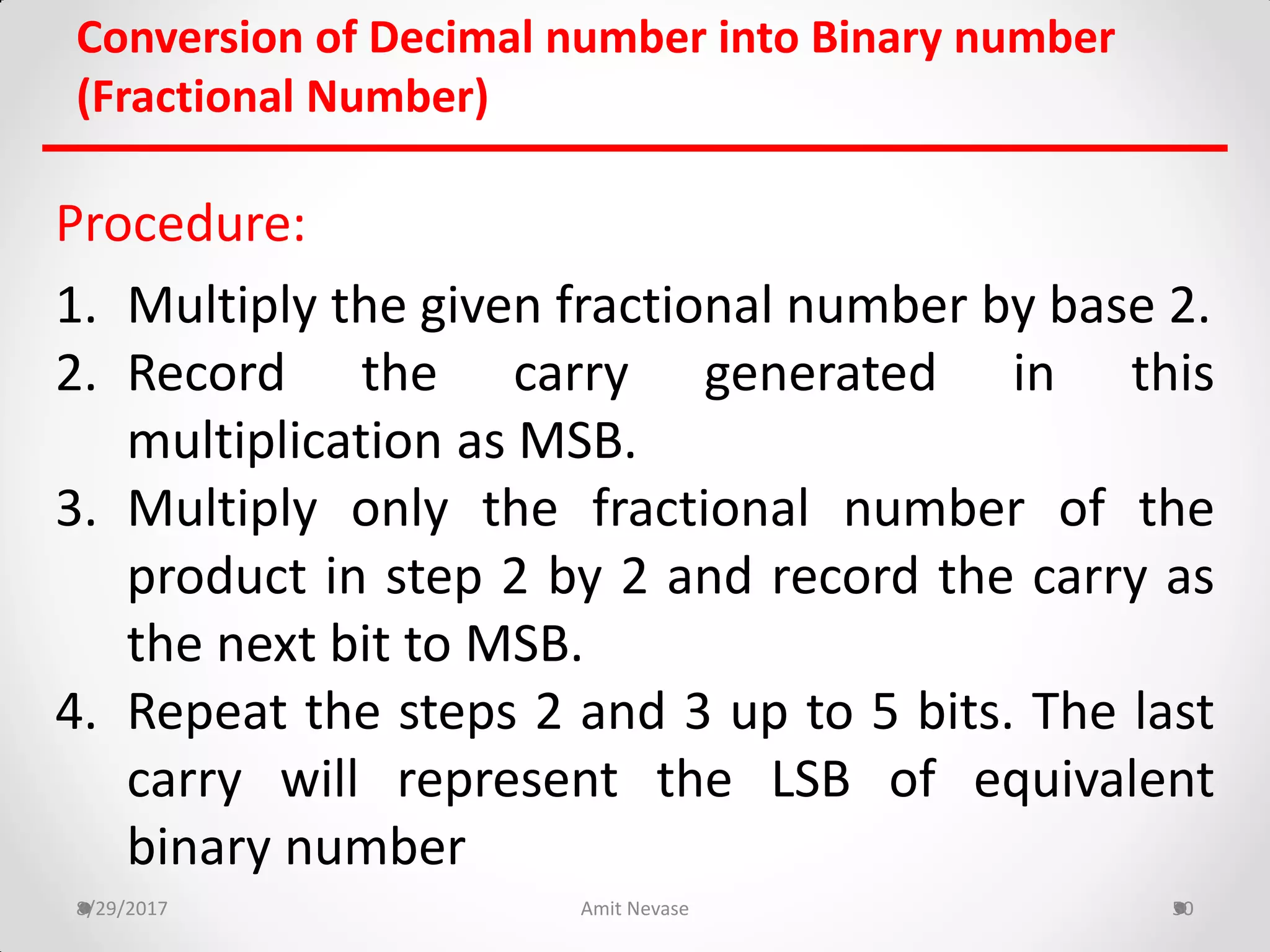 Procedure:
1. Multiply the given fractional number by base 2.
2. Record the carry generated in this
multiplication as MSB.
3. Multiply only the fractional number of the
product in step 2 by 2 and record the carry as
the next bit to MSB.
4. Repeat the steps 2 and 3 up to 5 bits. The last
carry will represent the LSB of equivalent
binary number
8/29/2017 Amit Nevase 50
Conversion of Decimal number into Binary number
(Fractional Number)
 