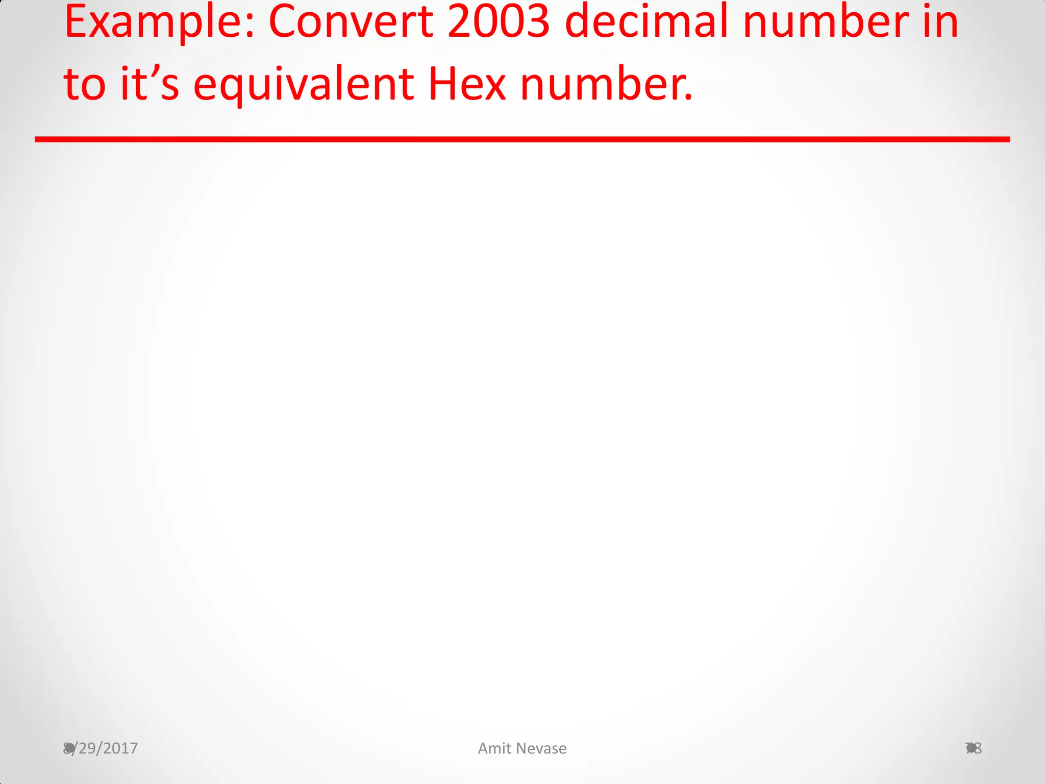 Example: Convert 2003 decimal number in
to it’s equivalent Hex number.
8/29/2017 Amit Nevase 78
 