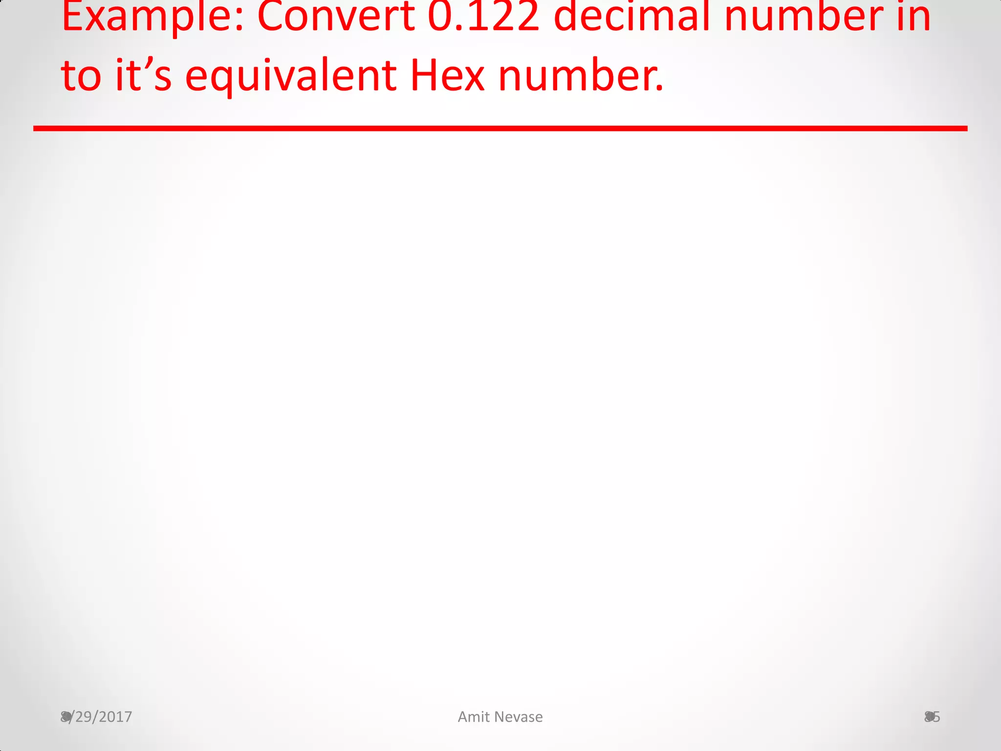 Example: Convert 0.122 decimal number in
to it’s equivalent Hex number.
8/29/2017 Amit Nevase 85
 