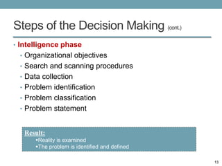 Steps of the Decision Making (cont.)
• Intelligence phase
 • Organizational objectives
 • Search and scanning procedures
 • Data collection
 • Problem identification
 • Problem classification
 • Problem statement


   Result:
      Reality is examined
      The problem is identified and defined

                                               13
 