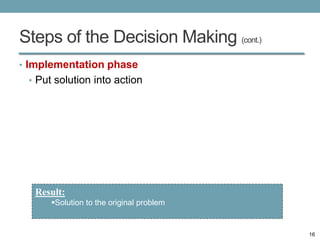 Steps of the Decision Making (cont.)
• Implementation phase
 • Put solution into action




  Result:
      Solution to the original problem


                                          16
 