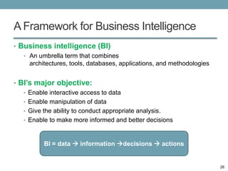 A Framework for Business Intelligence
• Business intelligence (BI)
   • An umbrella term that combines
     architectures, tools, databases, applications, and methodologies


• BI’s major objective:
   • Enable interactive access to data
   • Enable manipulation of data
   • Give the ability to conduct appropriate analysis.
   • Enable to make more informed and better decisions



          BI = data  information decisions  actions


                                                                        26
 