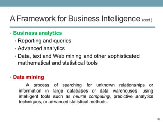 A Framework for Business Intelligence (cont.)
• Business analytics
 • Reporting and queries
 • Advanced analytics
 • Data, text and Web mining and other sophisticated
   mathematical and statistical tools

• Data mining
       A process of searching for unknown relationships or
   information in large databases or data warehouses, using
   intelligent tools such as neural computing, predictive analytics
   techniques, or advanced statistical methods.


                                                                      30
 
