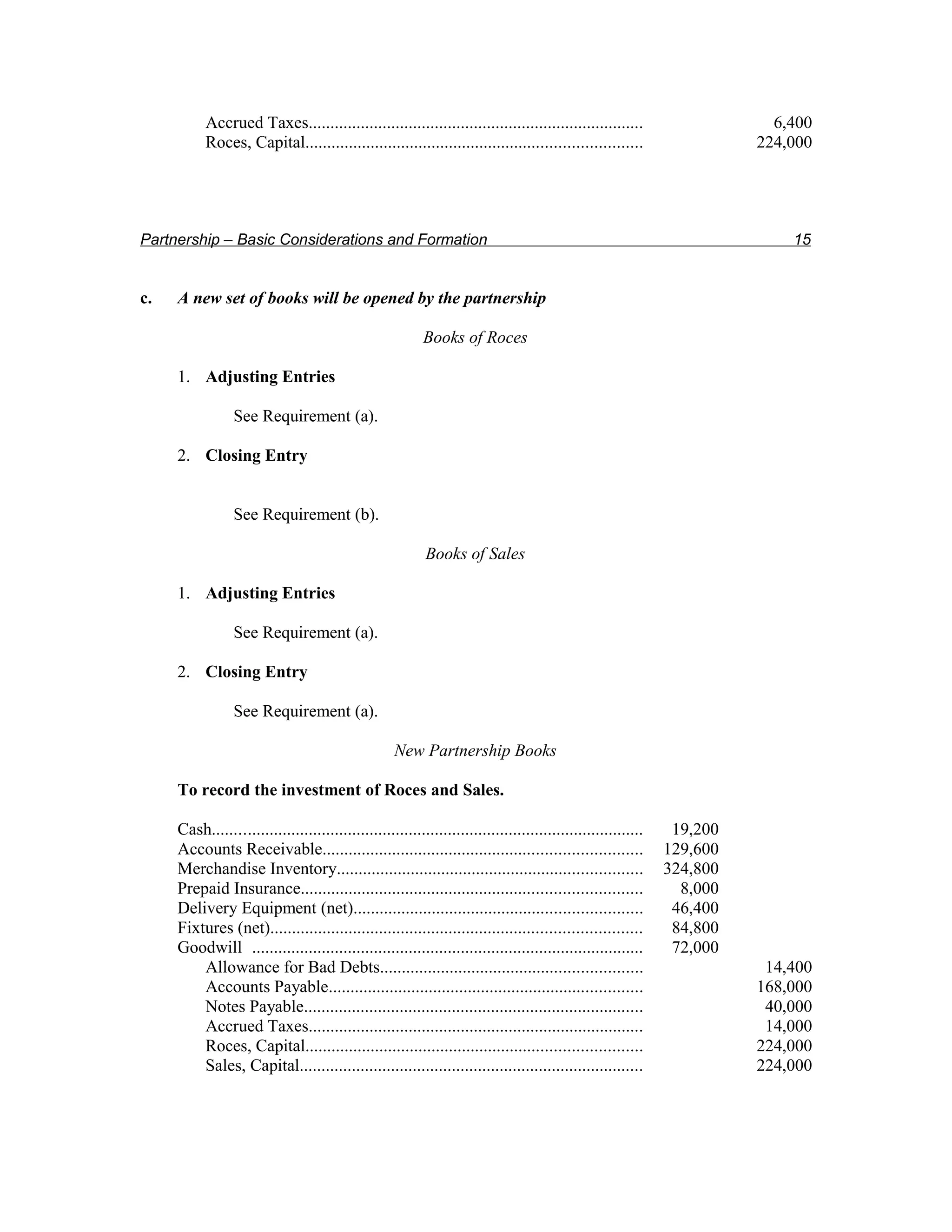 Accrued Taxes.............................................................................                      6,400
           Roces, Capital.............................................................................                   224,000




Partnership – Basic Considerations and Formation                                                                             15


c.   A new set of books will be opened by the partnership

                                                           Books of Roces

     1. Adjusting Entries

                 See Requirement (a).

     2. Closing Entry


                 See Requirement (b).

                                                           Books of Sales

     1. Adjusting Entries

                 See Requirement (a).

     2. Closing Entry

                 See Requirement (a).

                                                    New Partnership Books

     To record the investment of Roces and Sales.

     Cash...................................................................................................    19,200
     Accounts Receivable.........................................................................              129,600
     Merchandise Inventory......................................................................               324,800
     Prepaid Insurance..............................................................................             8,000
     Delivery Equipment (net)..................................................................                 46,400
     Fixtures (net).....................................................................................        84,800
     Goodwill ..........................................................................................        72,000
         Allowance for Bad Debts............................................................                              14,400
         Accounts Payable........................................................................                        168,000
         Notes Payable..............................................................................                      40,000
         Accrued Taxes.............................................................................                       14,000
         Roces, Capital.............................................................................                     224,000
         Sales, Capital...............................................................................                   224,000
 