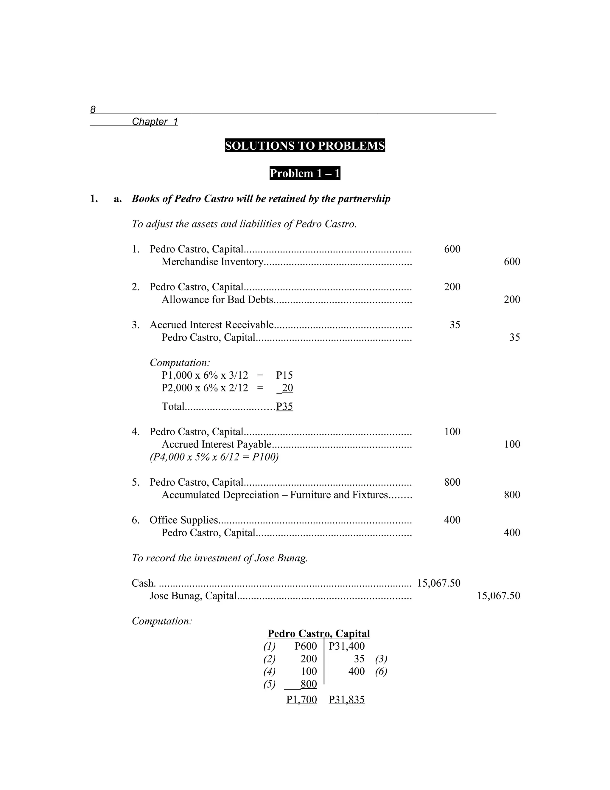 8
        Chapter 1

                                      SOLUTIONS TO PROBLEMS

                                                    Problem 1 – 1

1.   a. Books of Pedro Castro will be retained by the partnership

        To adjust the assets and liabilities of Pedro Castro.

        1. Pedro Castro, Capital............................................................                 600
             Merchandise Inventory.....................................................                                    600

        2. Pedro Castro, Capital............................................................                 200
             Allowance for Bad Debts.................................................                                      200

        3. Accrued Interest Receivable.................................................                        35
             Pedro Castro, Capital........................................................                                  35

             Computation:
               P1,000 x 6% x 3/12 =                   P15
               P2,000 x 6% x 2/12 =                   _20
                 Total................................P35

        4. Pedro Castro, Capital............................................................                 100
             Accrued Interest Payable..................................................                                    100
           (P4,000 x 5% x 6/12 = P100)

        5. Pedro Castro, Capital............................................................                 800
             Accumulated Depreciation – Furniture and Fixtures........                                                     800

        6. Office Supplies.....................................................................              400
             Pedro Castro, Capital........................................................                                 400

        To record the investment of Jose Bunag.

        Cash. ........................................................................................... 15,067.50
           Jose Bunag, Capital..............................................................                          15,067.50

        Computation:
                                                   Pedro Castro, Capital
                                                  (1)   P600 P31,400
                                                  (2)    200        35 (3)
                                                  (4)    100       400 (6)
                                                  (5) ___800
                                                      P1,700 P31,835
 