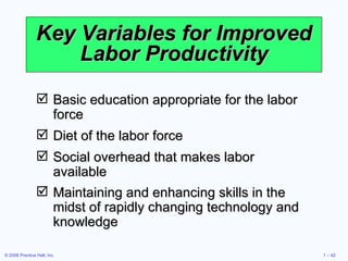 Key Variables for Improved Labor Productivity Basic education appropriate for the labor force Diet of the labor force Social overhead that makes labor available Maintaining and enhancing skills in the midst of rapidly changing technology and knowledge 