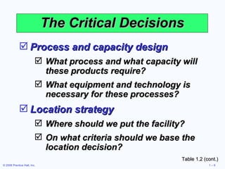 The Critical Decisions Process and capacity design What process and what capacity will these products require? What equipment and technology is necessary for these processes? Location strategy Where should we put the facility? On what criteria should we base the location decision? Table 1.2 (cont.) 