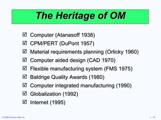 The Heritage of OM Computer (Atanasoff 1938) CPM/PERT (DuPont 1957) Material requirements planning (Orlicky 1960) Computer aided design (CAD 1970) Flexible manufacturing system (FMS 1975) Baldrige Quality Awards (1980) Computer integrated manufacturing (1990) Globalization (1992) Internet (1995) 