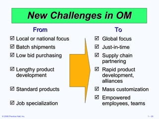 New Challenges in OM Global focus Just-in-time Supply chain partnering Rapid product development, alliances Mass customization Empowered employees, teams To From Local or national focus Batch shipments Low bid purchasing Lengthy product development Standard products Job specialization 