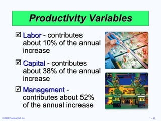 Productivity Variables Labor  - contributes about 10% of the annual increase Capital   - contributes about 38% of the annual increase Management  - contributes about 52% of the annual increase 