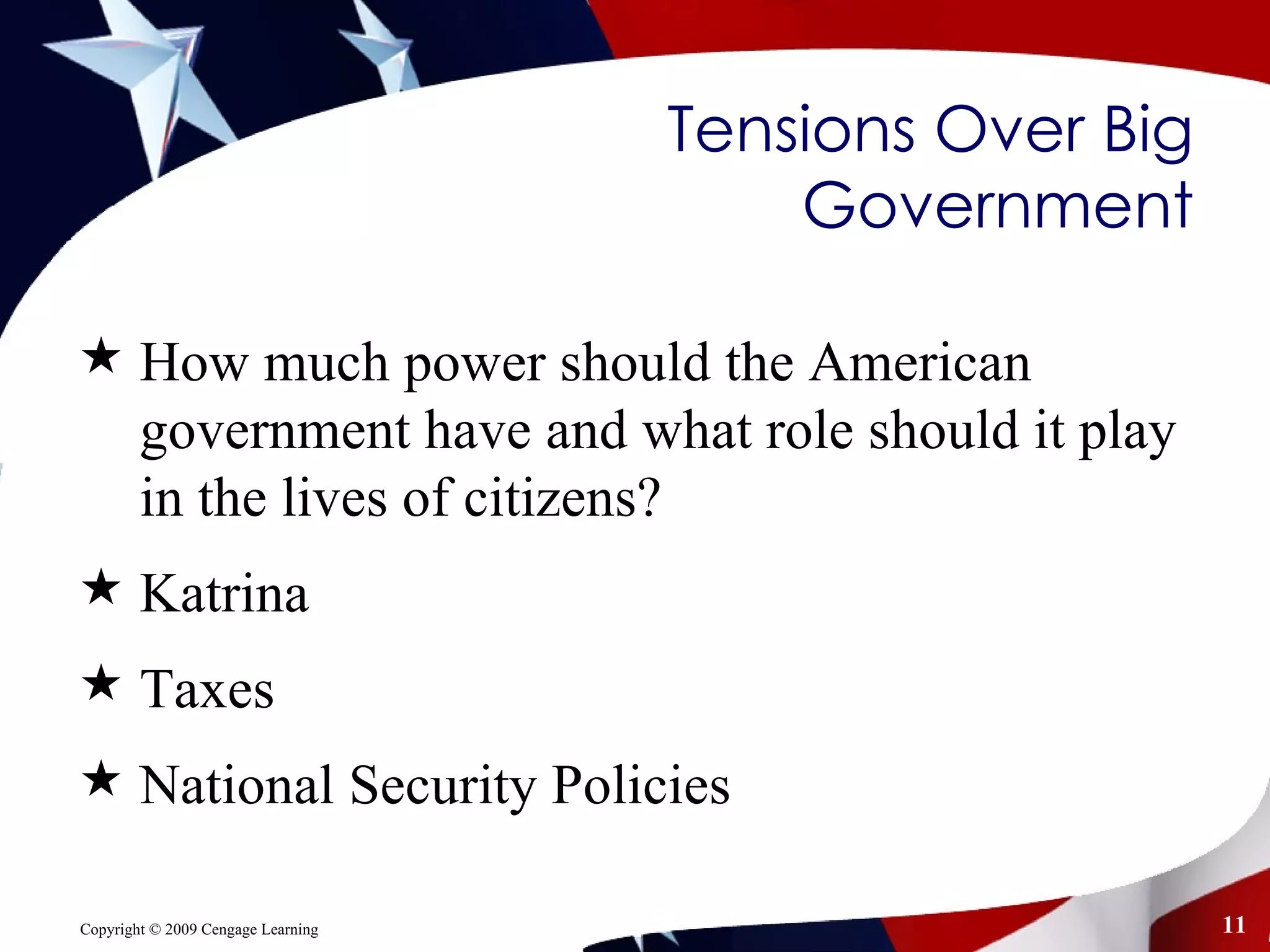 Tensions Over Big Government How much power should the American government have and what role should it play in the lives of citizens?  Katrina Taxes National Security Policies 