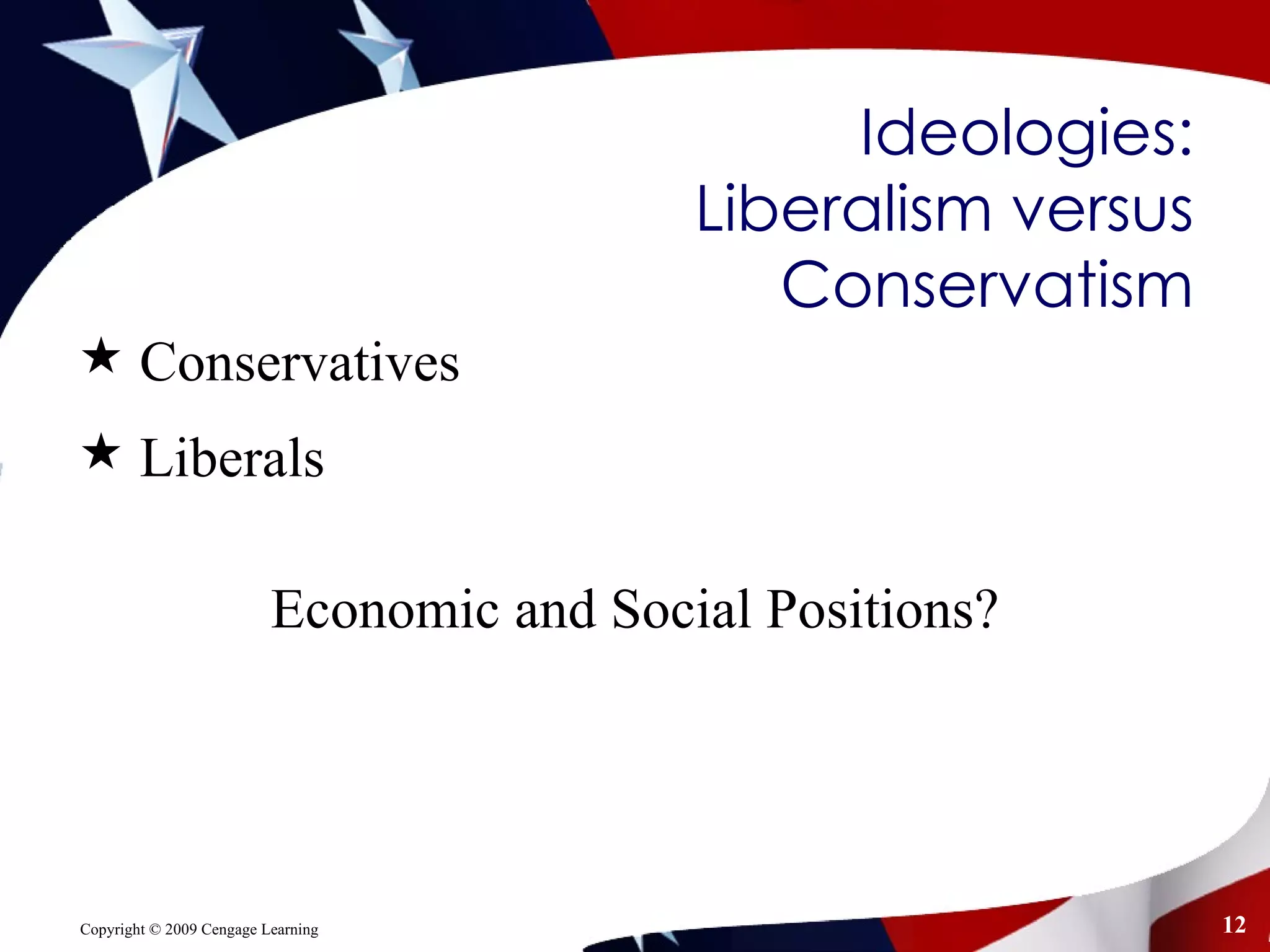 Ideologies: Liberalism versus Conservatism Conservatives  Liberals Economic and Social Positions? 