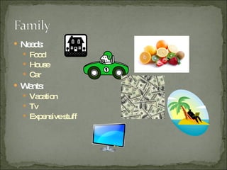 Needs: Food House Car Wants: Vacation Tv Expensive stuff