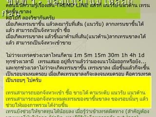 ขั้นที่ขั้นที่ 1 -1 - มองแนวโน้มให้ออกมองแนวโน้มให้ออก
ก่อนก่อน
ตอนนี้ มีความรู้เรื่องเส้น TREND LINE แล้วก็ แนวรับ แนวต้าน เทรน
ขาขึ้น ขาลง
ต่อไปก็ ลองวิชากันครับ
เมื่อเกิดเทรนขาขึ้น แล้วลงมารับที่เส้น (แนวรับ) ลากเทรนขาขึ้นได้
แล้ว สามารถเป็นจังหวะเข้า ซื้อ
เมื่อเกิดเทรนขาลง แล้วขึ้นมาต้านที่เส้น(แนวต้าน)ลากเทรนขาลงได้
แล้ว สามารถเป็นจังหวะเข้าขาย
ไม่ว่าจะเทรดช่วงเวลาไหนก็ตาม 1m 5m 15m 30m 1h 4h 1d
ทุกช่วงเวลามี เทรนเสมอ อยู่ที่เราแล้วว่ามองแนวโน้มออกหรือยัง...
และทุกช่วงเวลาไม่ว่าจะเกิดเทรนขาขึ้น เทรนขาลง เมื่อขึ้นแล้วก็จะขึ้น
เป็นรอบจนหมดรอบ เมื่อเกิดเทรนขาลงก็จะลงจนหมดรอบ คือควรเทรด
เป็นรอบๆ ไปครับ
เทรนสามารถบอกจังหวะเข้า ซื้อ ขายได้ ตามระดับ แนวรับ แนวต้าน
เทรนสามารถบอกจังหวะหมดเทรนของขาขึ้นขาลง ของรอบนั้นๆ แล้ว
ช่วยให้มองภาพรวมได้ง่ายขึ้น
เทรนยังช่วยให้ขาดทุนได้น้อยลง เมื่อรู้ว่าเข้าเทรดผิดทาง (สำาคัญต้อง
 