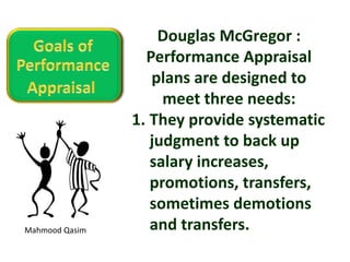 Mahmood Qasim
Douglas McGregor :
Performance Appraisal
plans are designed to
meet three needs:
1. They provide systematic
judgment to back up
salary increases,
promotions, transfers,
sometimes demotions
and transfers.
 